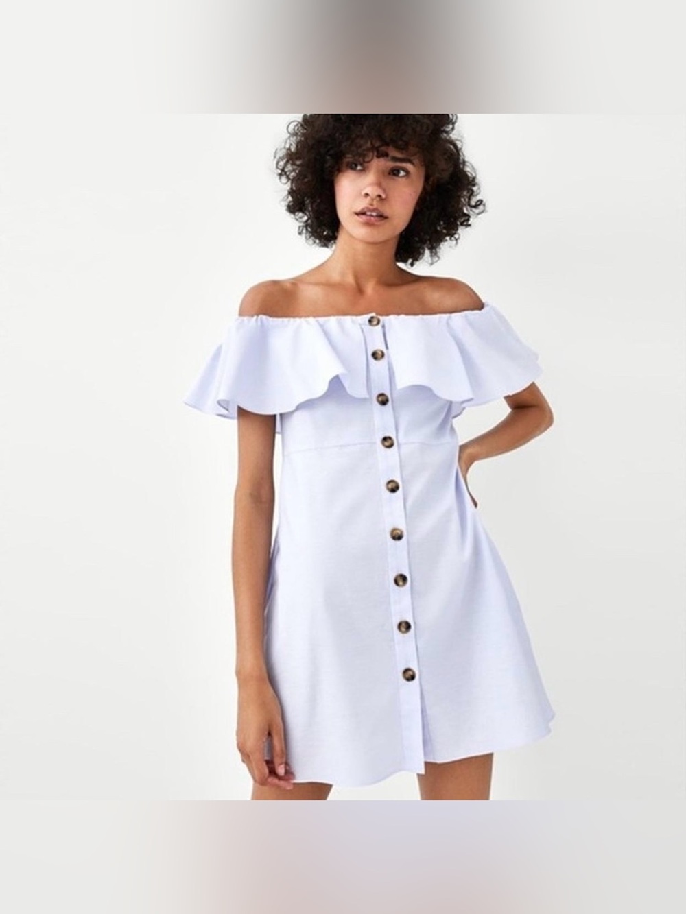Zara Off-Shoulder Ruffle Button-Front Mini Dress